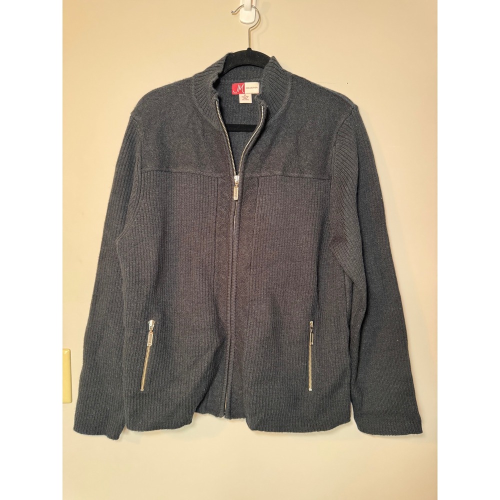JM Collection Womens XL Black 100% Wool Full Zip Ribbed Cardigan Sweater
